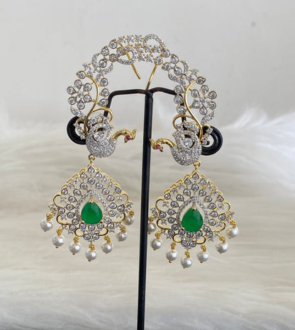 Two tone white-green stone pearl peacock khanpool earrings dj-54655