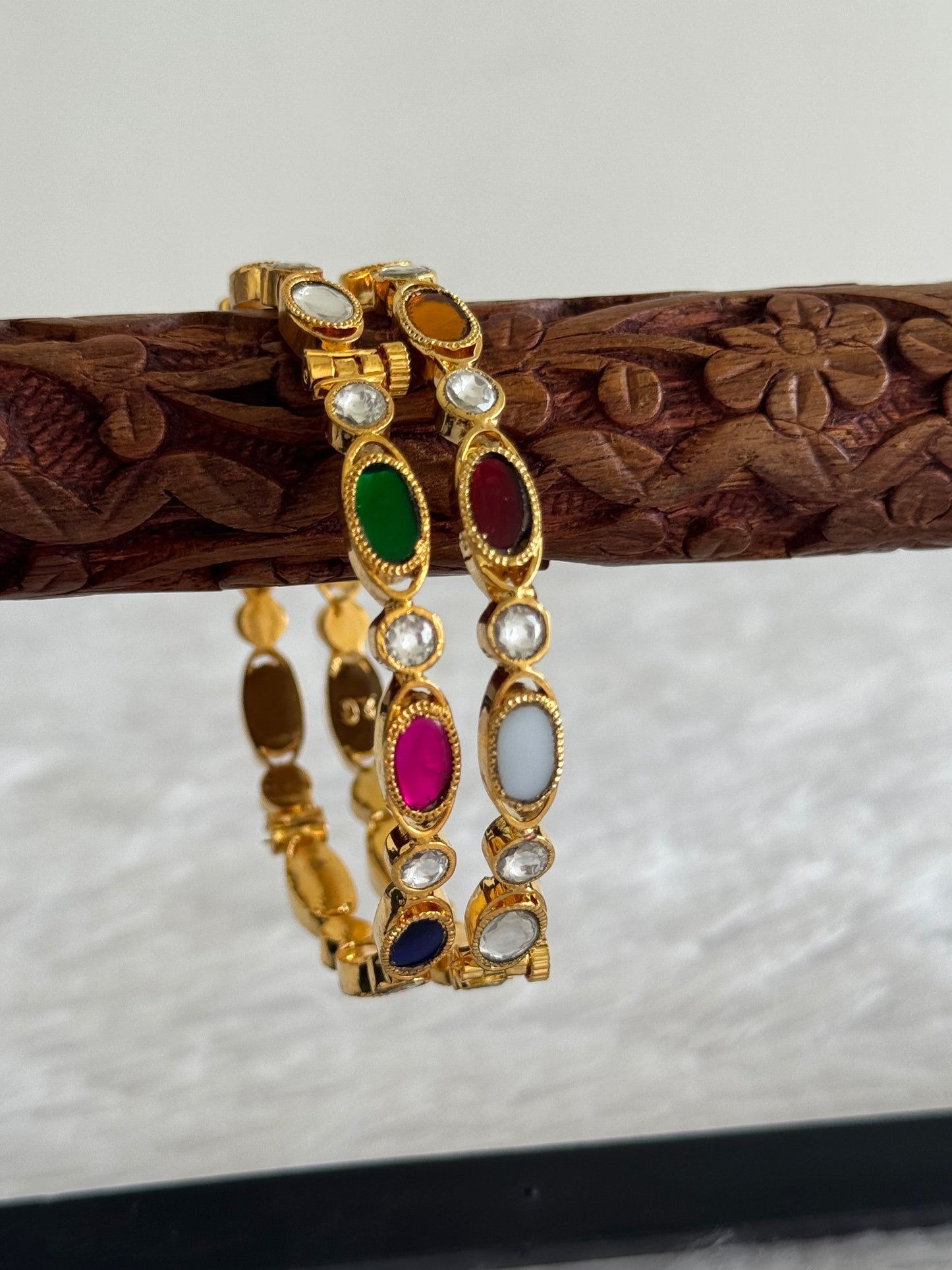 Gold tone navarathna screw type kundan jadau bangles(2.4) dj-51570