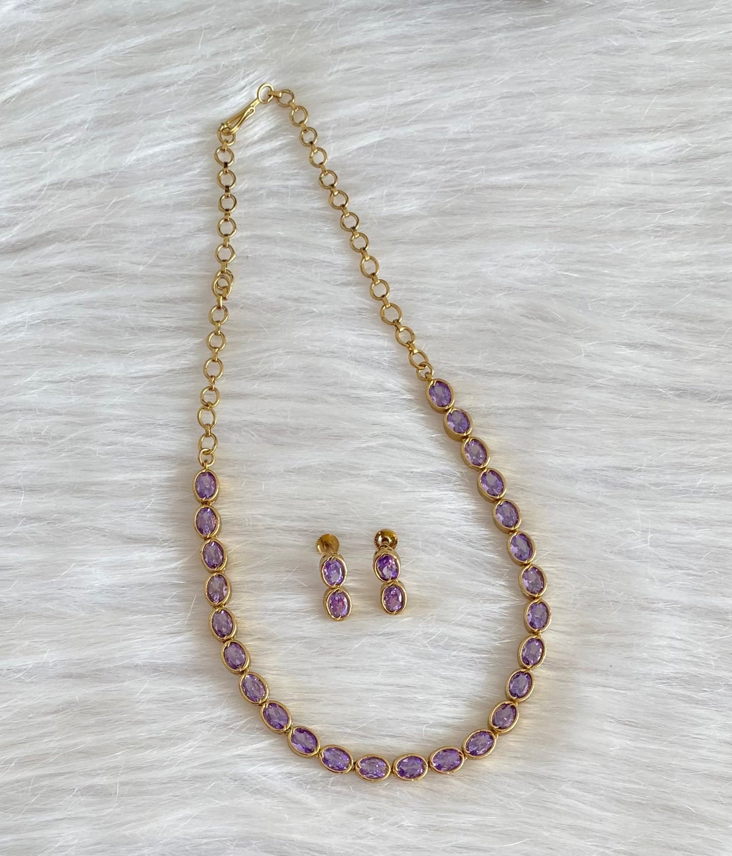 Antique gold tone purple oval stone necklace set dj-54081