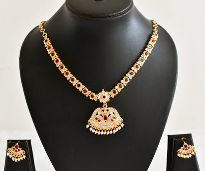 Gold tone AD pink south Indian style necklace set dj-53300