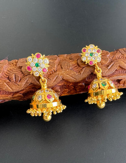Gold tone ad pink-green-white south indian flower jhumkka dj-51284