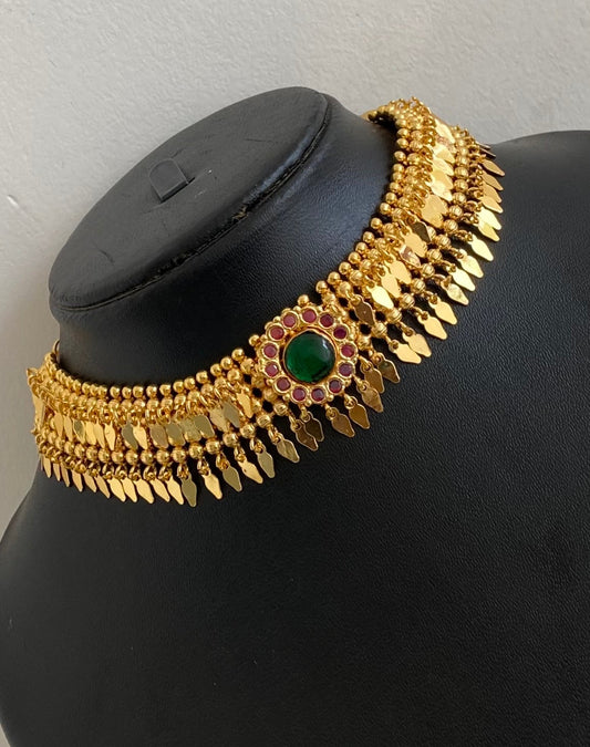 Gold tone kerala style elakka pink-green stone choker necklace dj-54105