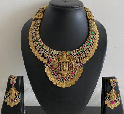 Antique gold tone pink-green-white peacock ram parivar necklace set dj-54440