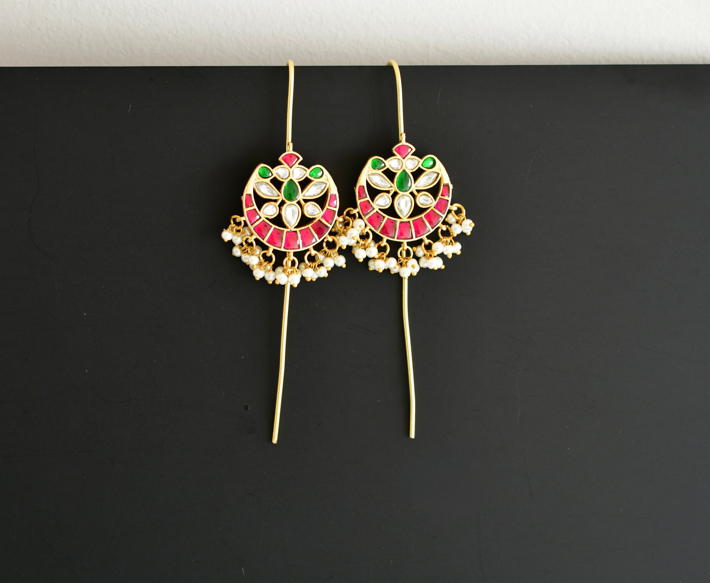 Gold tone pink-green-white kundan jadau bali bugadi needle earrings dj-52458