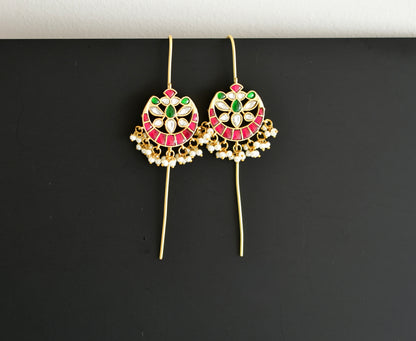 Gold tone pink-green-white kundan jadau bali bugadi needle earrings dj-52458
