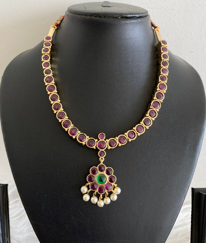 Gold tone precious kemp-green pearl reversible necklace dj-54148