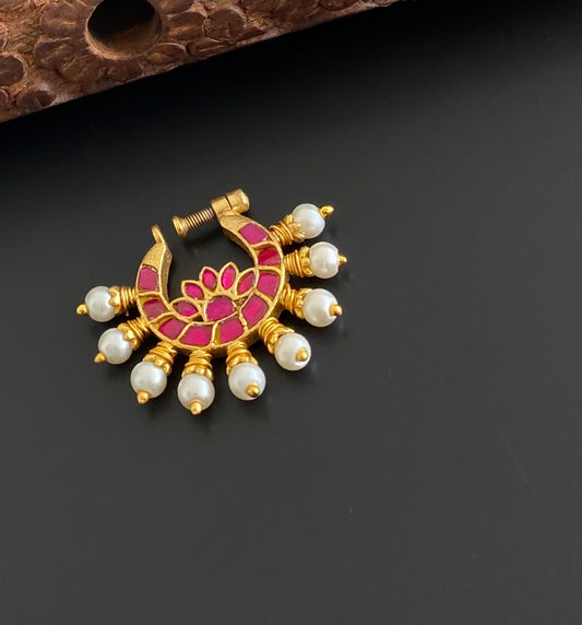 Gold tone kundan jadau pink stone pearl nose pin dj-53717
