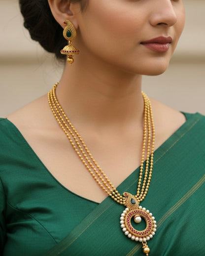 Antique gold tone Mango Pink-green Ball chain necklace Set-dj17563