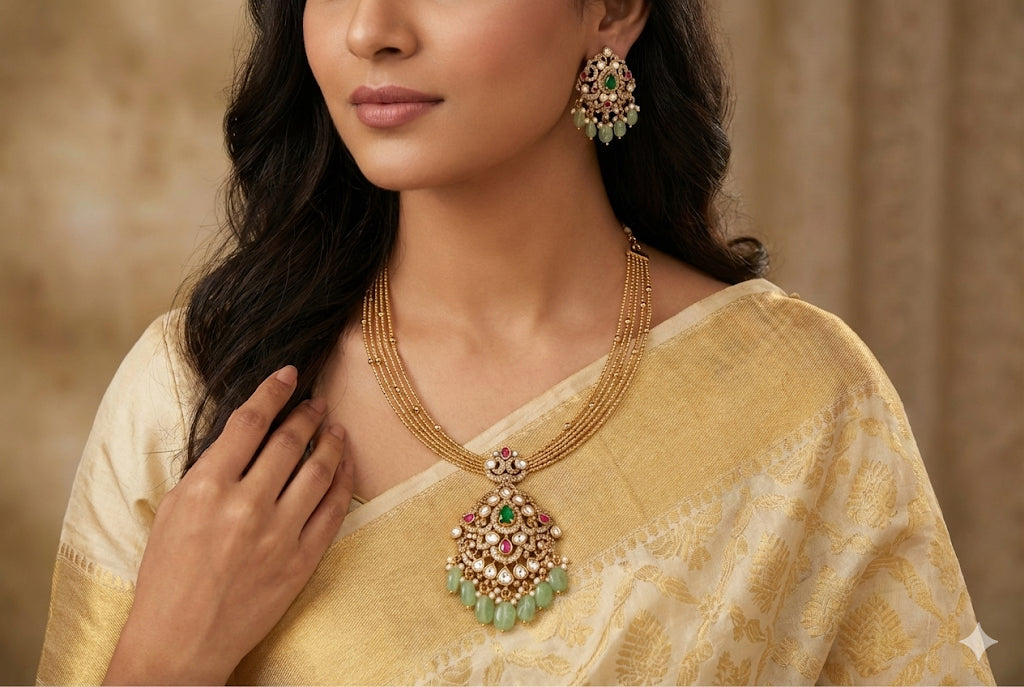 Antique gold tone pink-green kundan jadau kante necklace set dj-52422