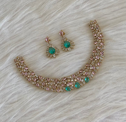 Antique gold tone white baby pink peacock green stone necklace set dj-54811