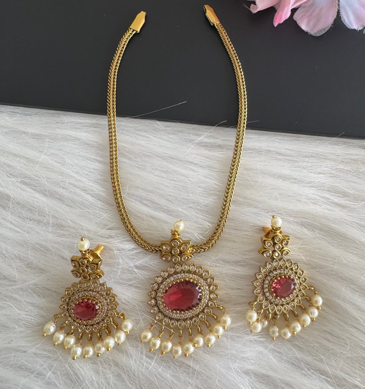 Antique gold tone cz magenta pink oval stone necklace set dj-51207