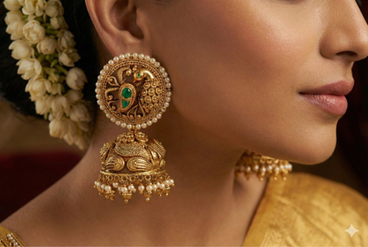 Antique gold tone cz green pearl round big nakshi jhumkka dj-52557