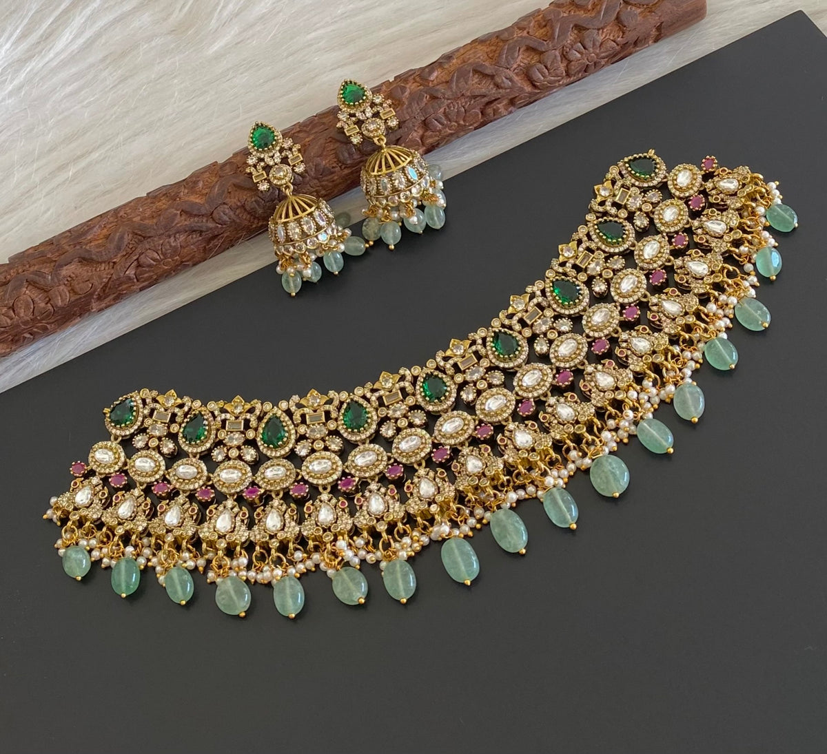 Antique gold tone peacock kundan sea green beaded choker necklace set dj-54804