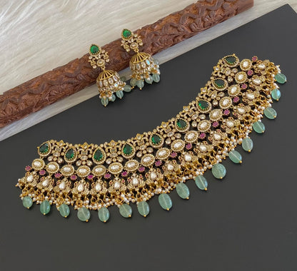 Antique gold tone peacock kundan sea green beaded choker necklace set dj-54804