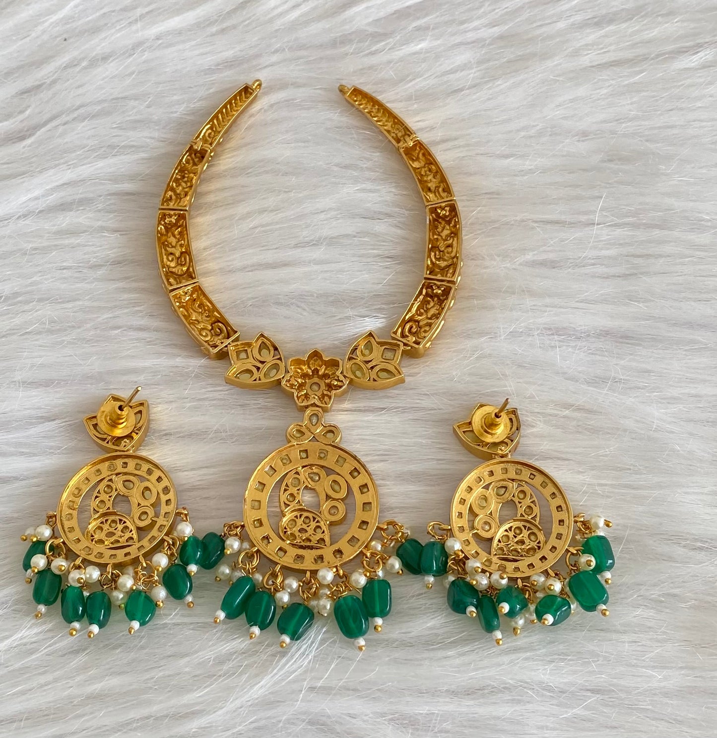 Antique gold tone kante kundan jadau green beaded peacock necklace set dj-54076