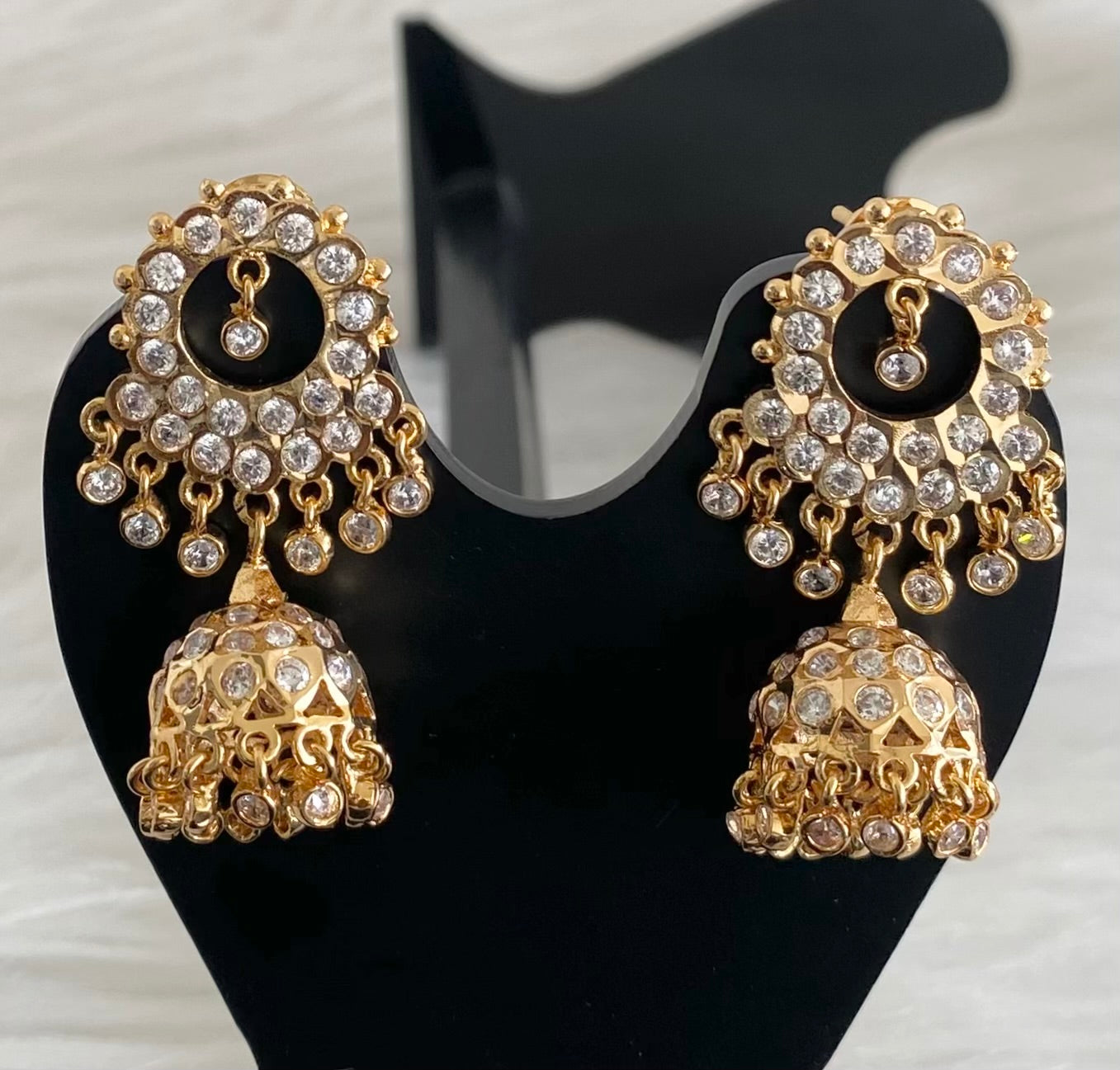 Gold tone south indian style AD white stone round  jhumkka dj-53866