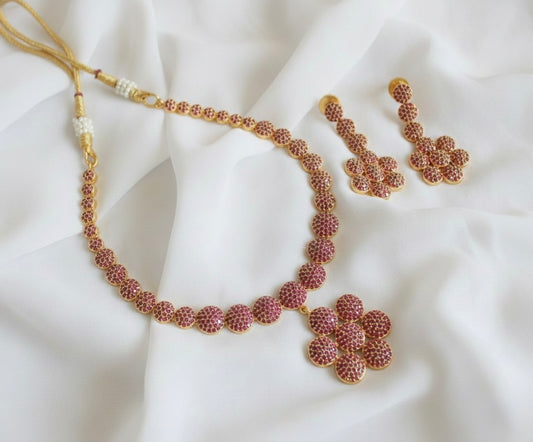 Gold Tone Cz Ruby flower Necklace Set DJ26014