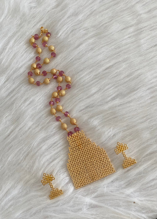Gold tone temple rangoli purple beaded mala set dj-54489