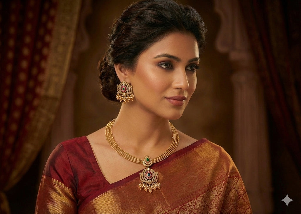 Antique gold tone pink-green kundan jadau kante necklace set dj-52418