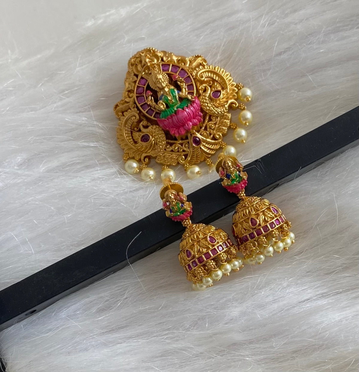 Antique gold tone pearl peacock lakshmi meenakari pendant set dj-54743