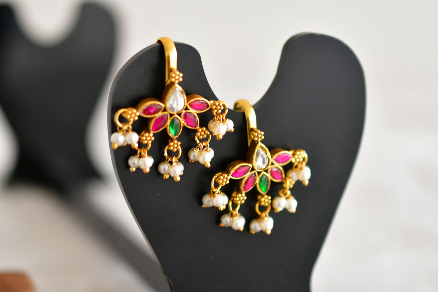 Gold tone pink-green-white kundan jadau bugadi earrings dj-52489