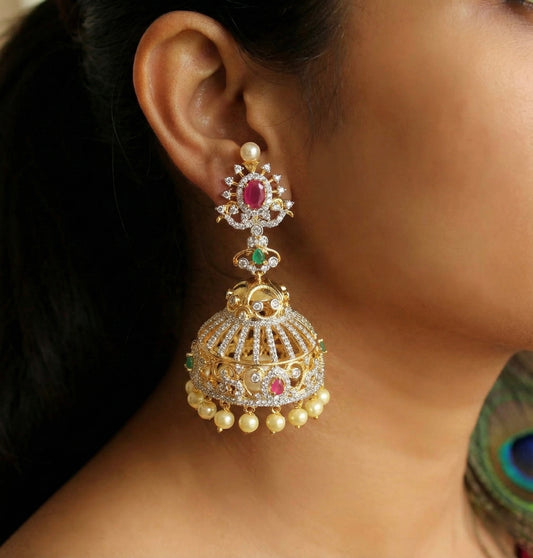 Two tone Cz Ruby-emerald Pearl Big Jhumkka-dj17154