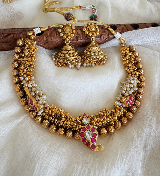 Antique gold tone pink-white kundan jadau mango bird cluster necklace set dj-52623