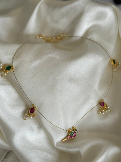 Gold tone pink-green kundan jadau bird invisible necklace dj-51547