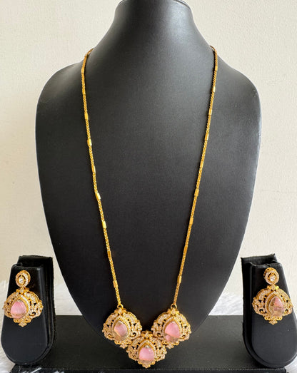 Antique gold tone baby pink-gold fire-stone long chain set dj-51096