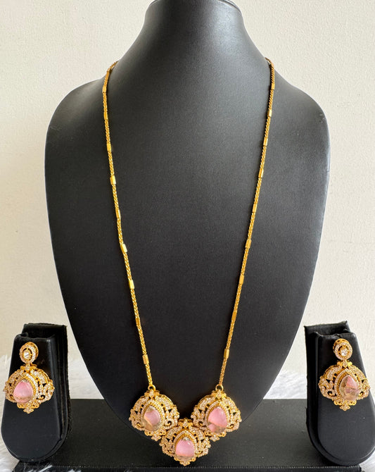 Antique gold tone baby pink-gold fire-stone long chain set dj-51096