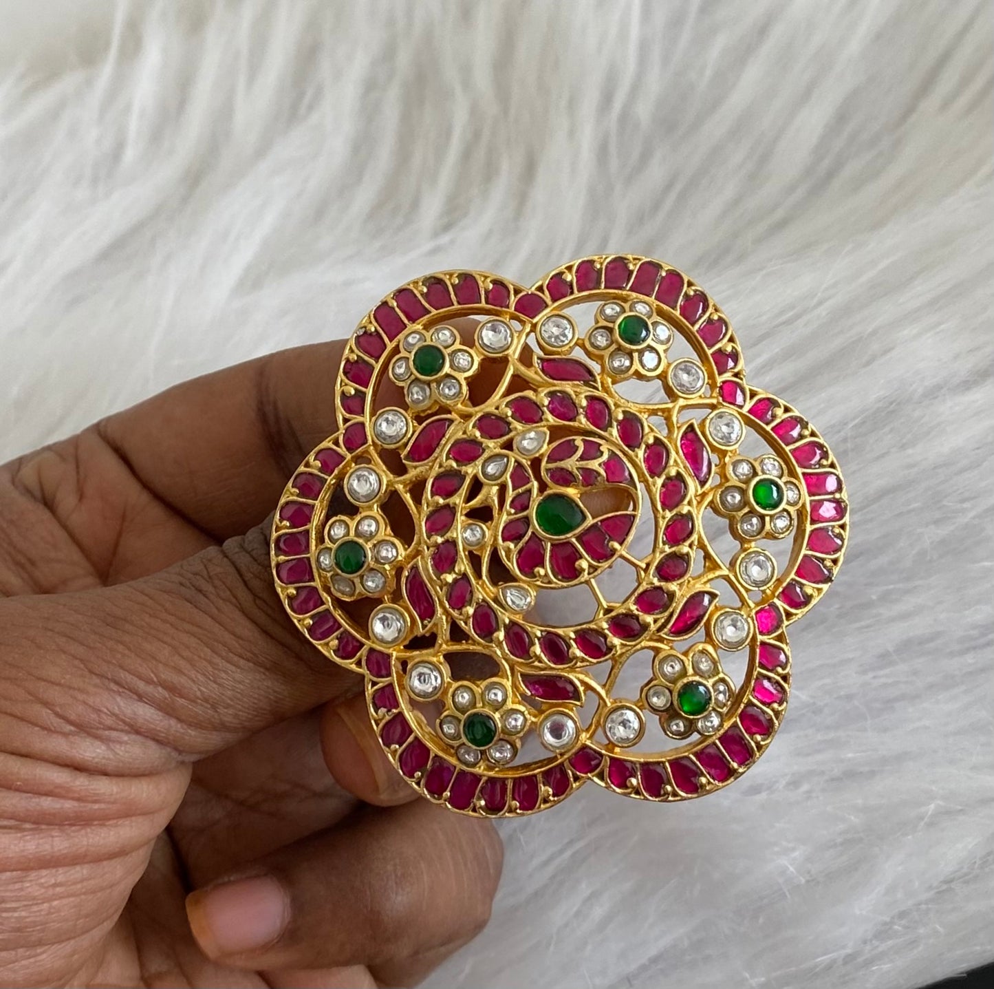 Gold tone pink-green-white kundan jadau peacock flower pendant dj-54172