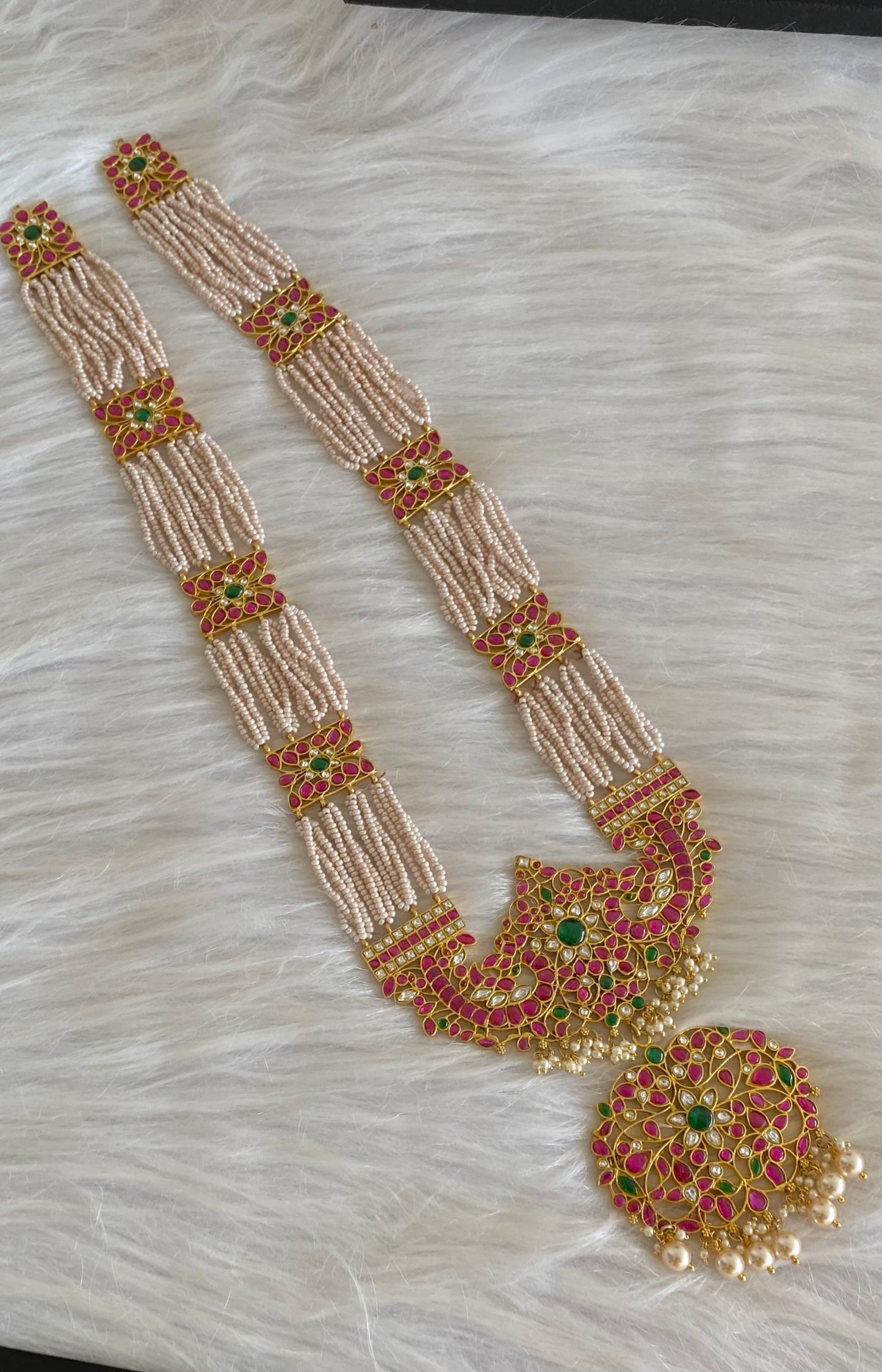 Antique gold pink-green-white pearl kundan jadau haar dj-54157