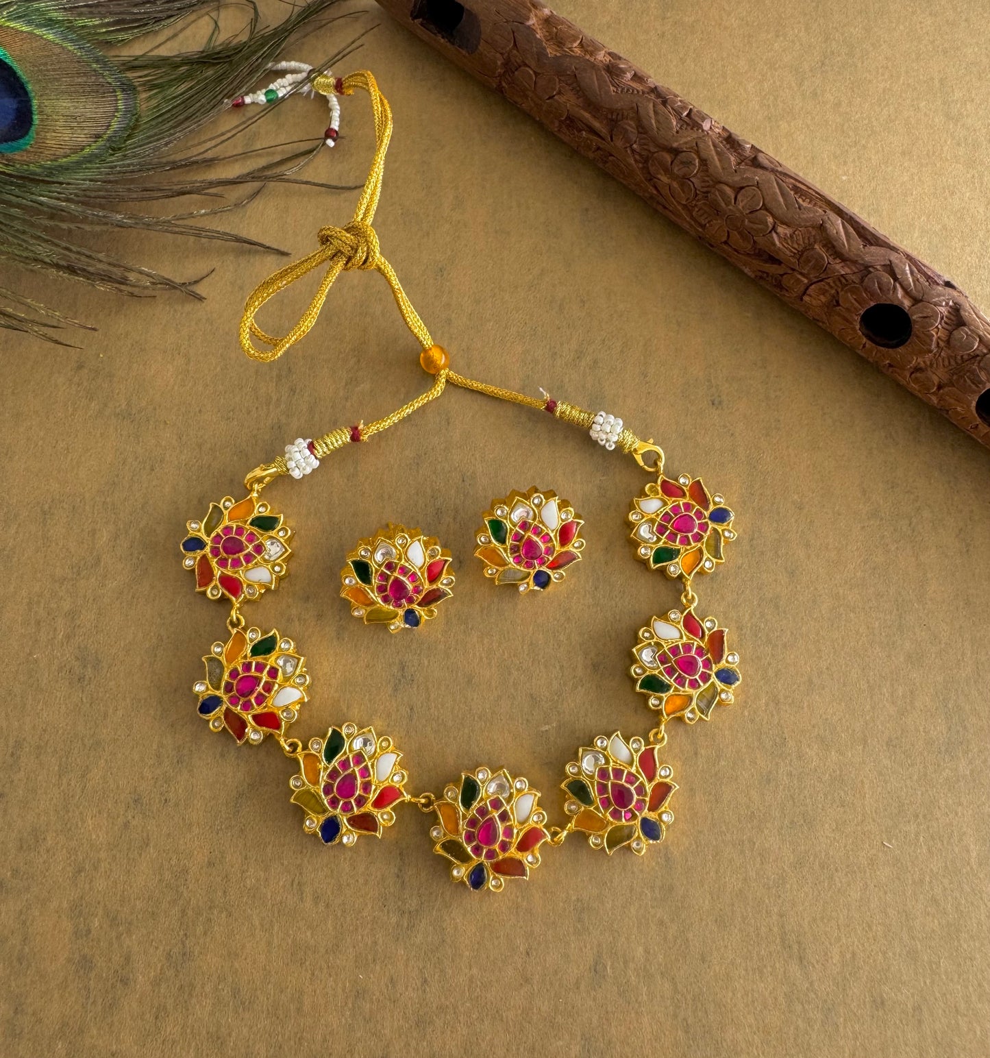 Gold tone navarathna kundan jadau lotus necklace set dj-51544