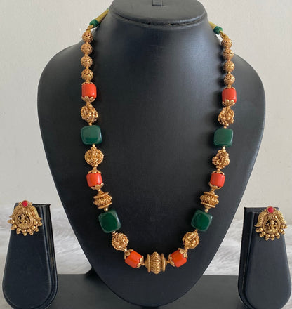 Antique gold tone coral green nakshi beaded lakshmi ganesha necklace set dj-54947