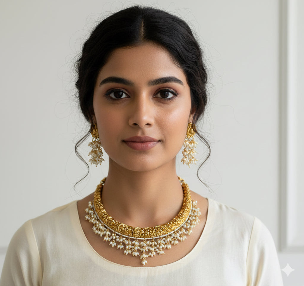 Matte finish rice pearl kante necklace set dj-49707