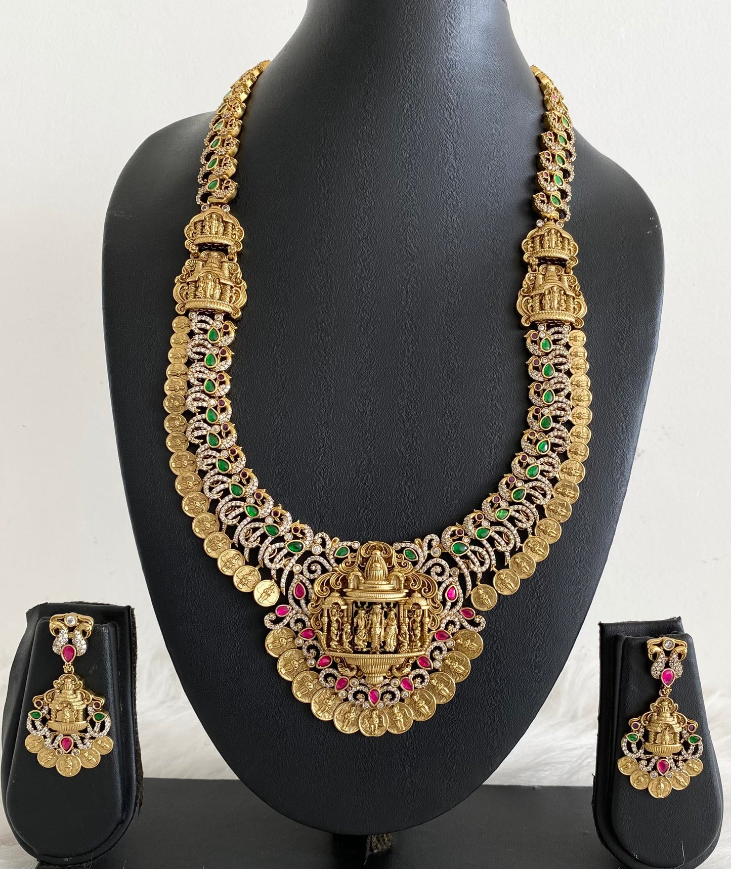 Antique gold tone pink-green-white peacock ram parivar haar set dj-54605