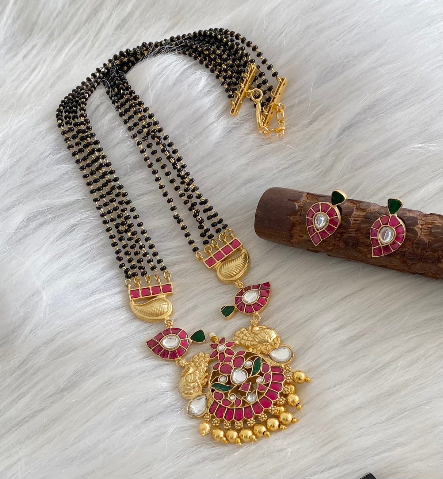 Antique gold tone peacock  mango kundan jadau mangalsutra set dj-54178
