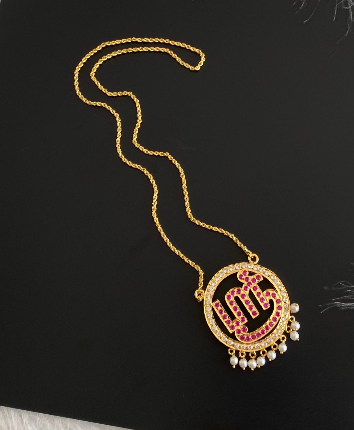 Gold tone 24 inches chain with AD pink tamil sree pendant dj-54694