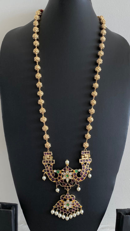 Gold tone precious kemp-green-white peacock flower nakshi beaded haar dj-54730