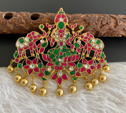 Gold tone pink-green-white kundan jadau big gajalakshmi pandent dj-52897