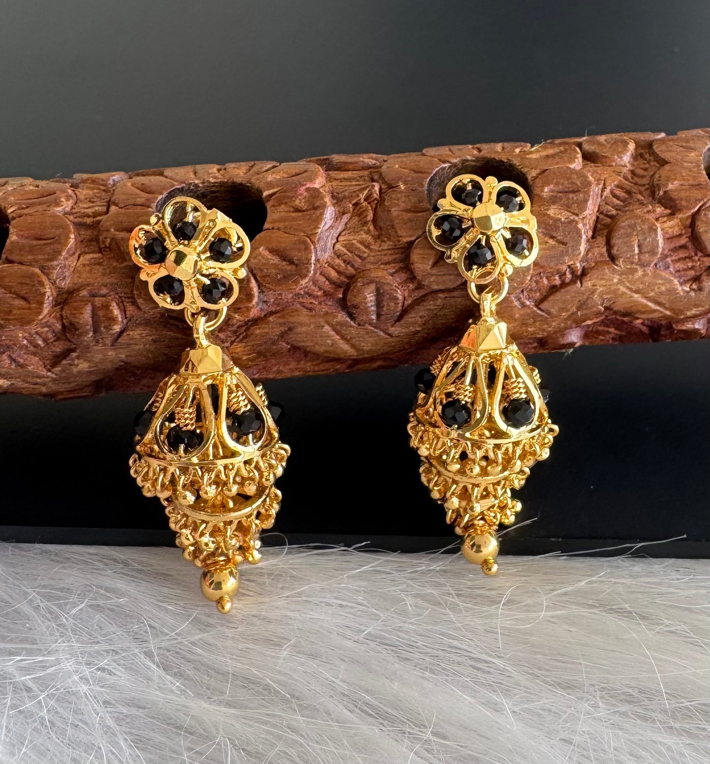 Gold tone black beaded step jhumkka dj-51282