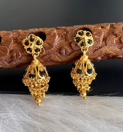 Gold tone black beaded step jhumkka dj-51282