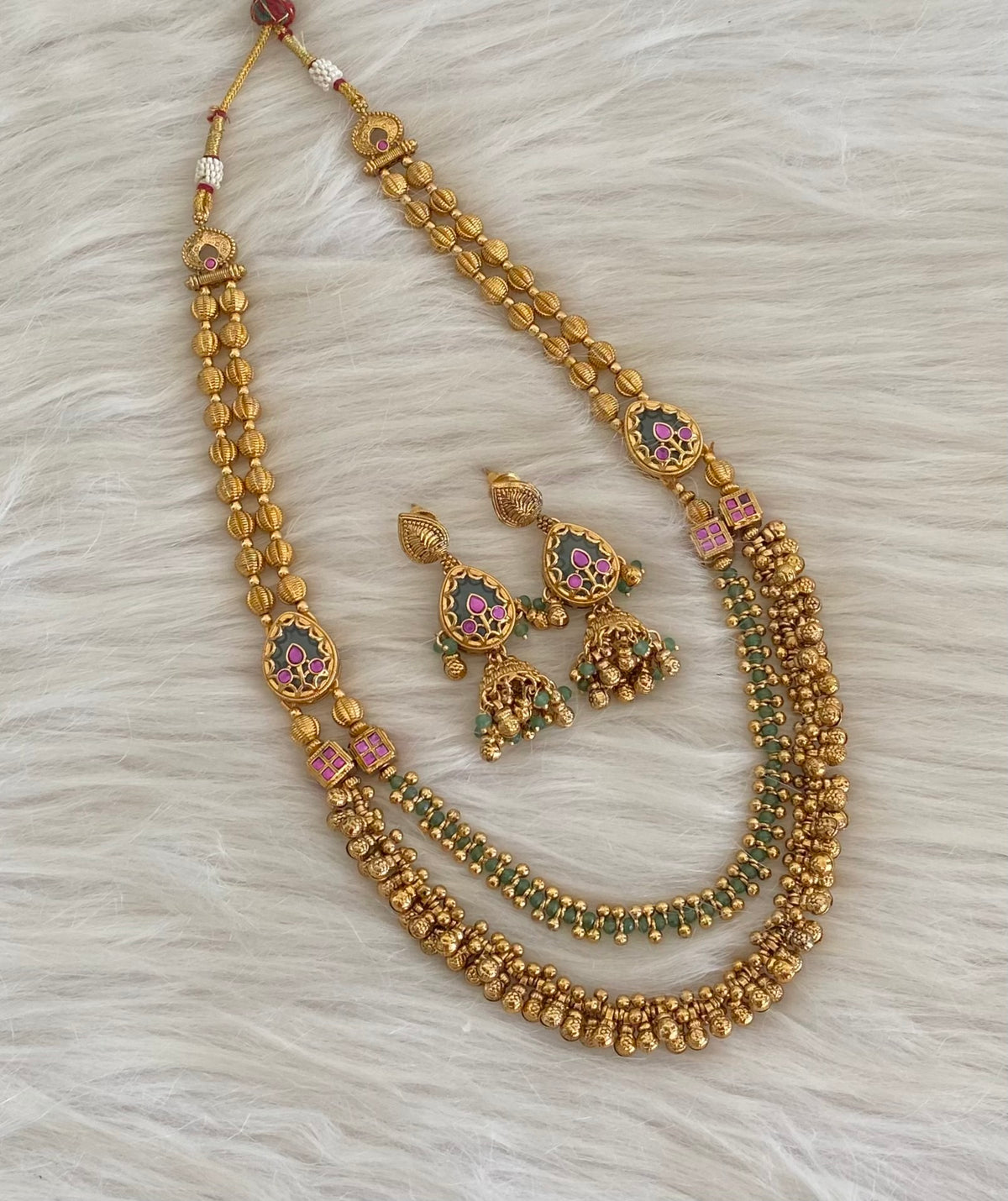 Antique gold tone pink-green stone beaded double layer necklace set dj-54767