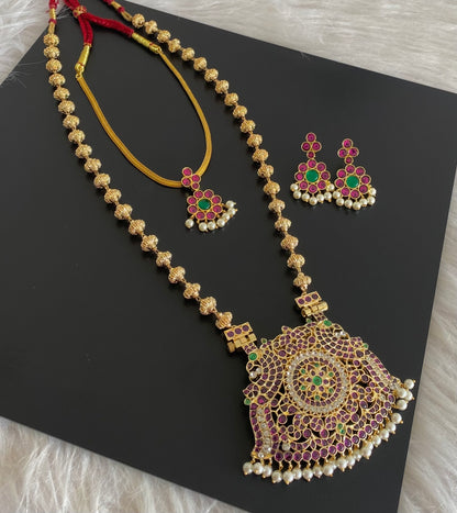 Gold tone precious kemp-green-white pearl peacock nakshi beaded combo set dj-54941
