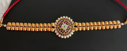 Gold tone semi precious kemp-green-white pearl beaded choker dj-53932