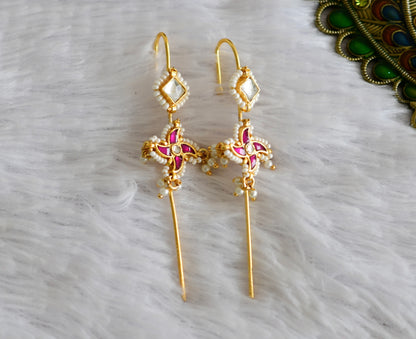 Gold tone pink-white kundan jadau flower bugadi needle earrings dj-52452