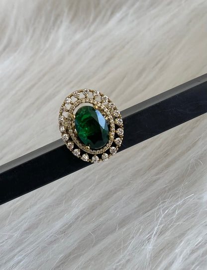 Antique gold tone cz white-green stone finger ring dj-55037