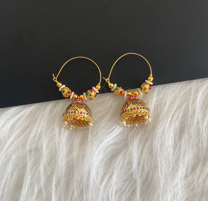 Antique gold tone ruby-emerald hoop Jhumkka dj-37597