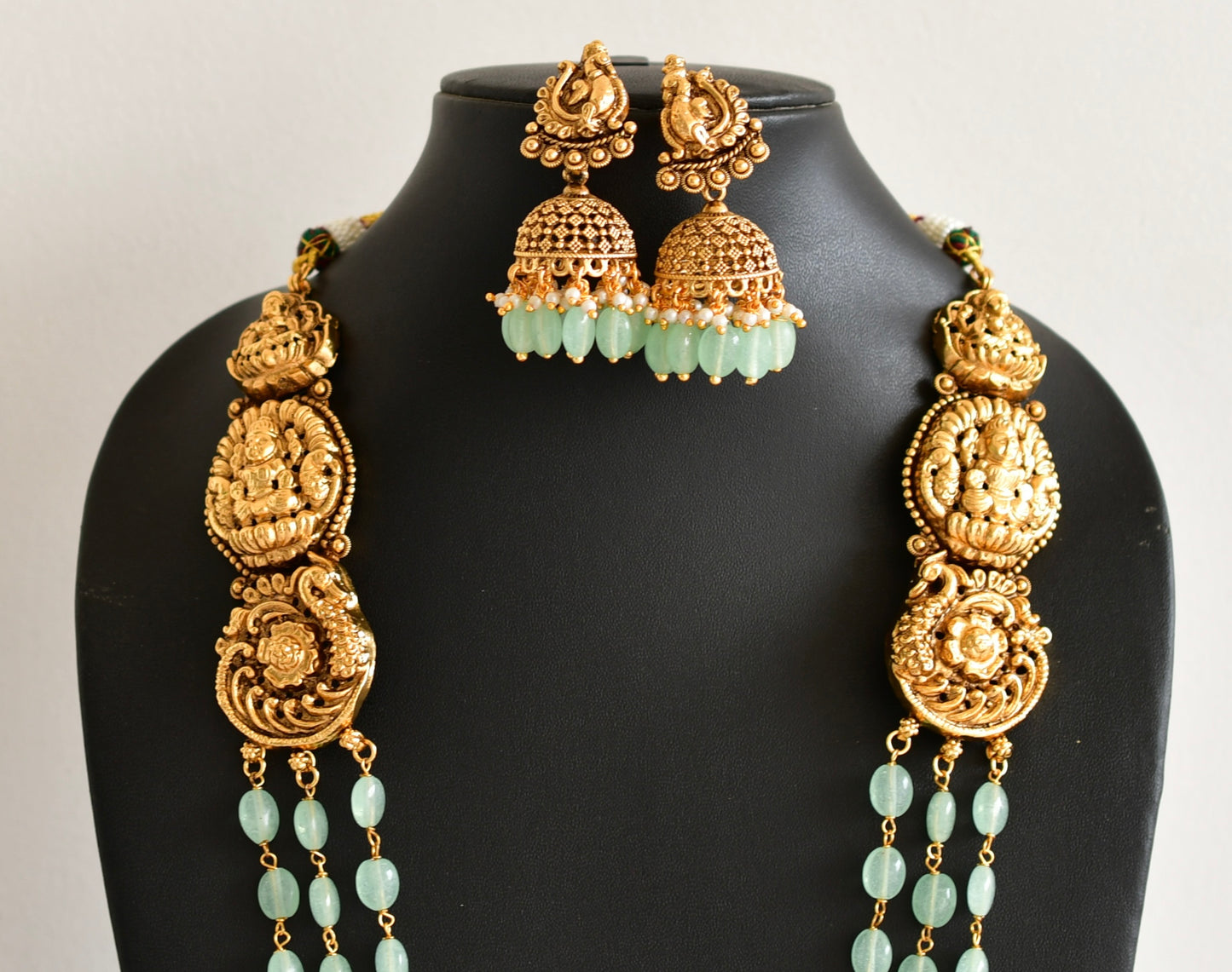 Antique gold tone sea green beaded lakshmi peacock multi layer haar set dj-52428