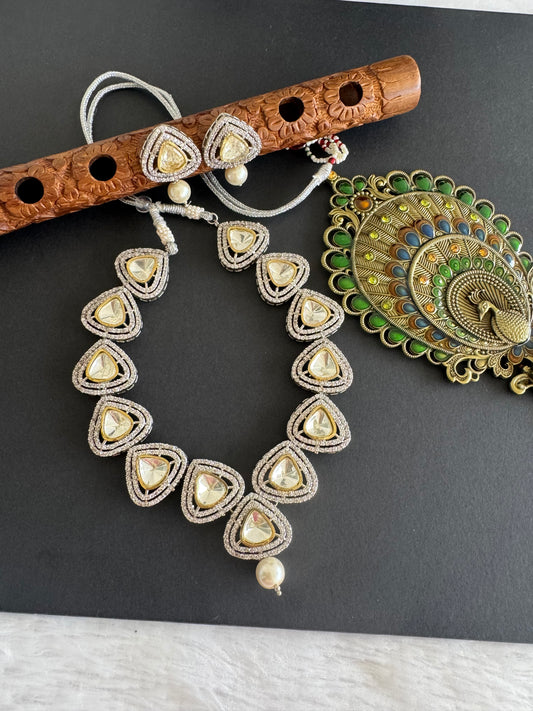 Two tone cz white kundan stone necklace set dj-52147